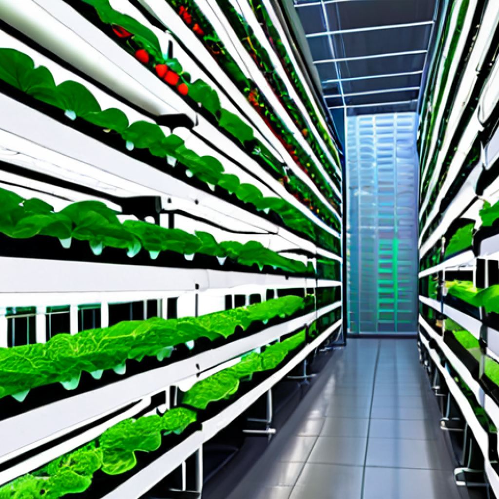 **

A vibrant, futuristic vertical farm inside a modern city building. LED lights illuminate rows of leafy greens and vegetables growing in a hydroponic system. Agricultural robots are tending to the plants. The scene emphasizes sustainability, technology, and urban food production.

**