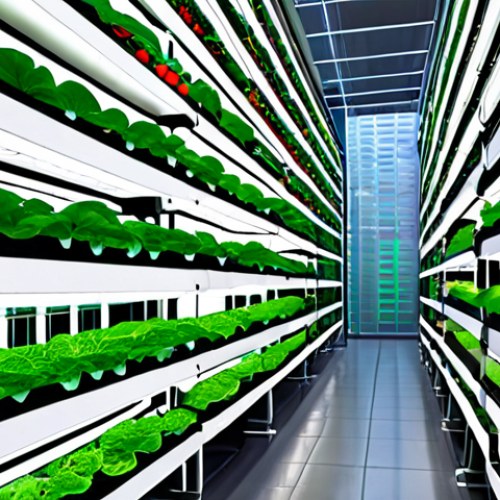 Home 11 **
A vibrant, futuristic vertical farm inside a modern city building. LED lights illuminate rows of leafy greens and vegetables growing in a hydroponic system. Agricultural robots are tending to the plants. The scene emphasizes sustainability, technology, and urban food production.
**