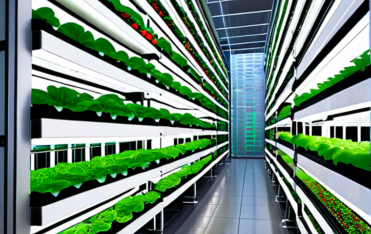 **

A vibrant, futuristic vertical farm inside a modern city building. LED lights illuminate rows of leafy greens and vegetables growing in a hydroponic system. Agricultural robots are tending to the plants. The scene emphasizes sustainability, technology, and urban food production.

**