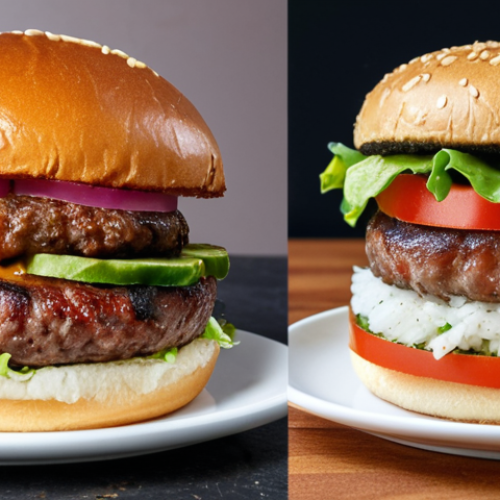Home 6 **
A side-by-side comparison of a Beyond Meat burger and an Impossible Burger, both grilled and looking juicy. The Beyond Meat burger should highlight its slightly more textured appearance, while the Impossible Burger emphasizes its rich, red color resembling real beef. Include ingredient callouts like "soy protein," "mushroom," and "rice" for Beyond Meat, and "heme" for Impossible Foods. Focus on appetizing visuals with steam and grill marks.
**