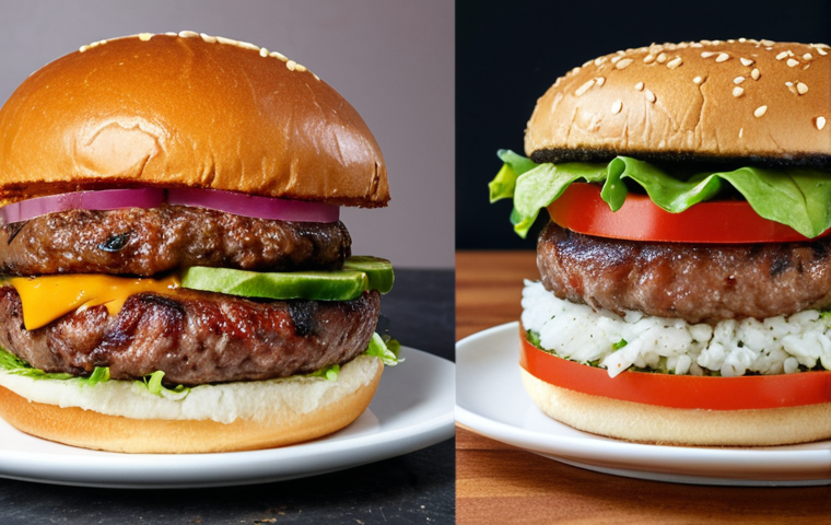 **
A side-by-side comparison of a Beyond Meat burger and an Impossible Burger, both grilled and looking juicy. The Beyond Meat burger should highlight its slightly more textured appearance, while the Impossible Burger emphasizes its rich, red color resembling real beef. Include ingredient callouts like "soy protein," "mushroom," and "rice" for Beyond Meat, and "heme" for Impossible Foods. Focus on appetizing visuals with steam and grill marks.
**